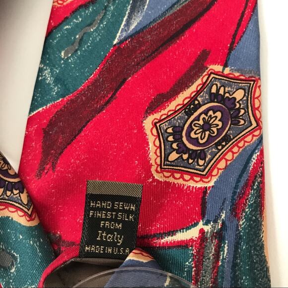 Robert Talbott Red Blue Teal Tie Silk Hand Sewn Abstract Design - Picture 3 of 4